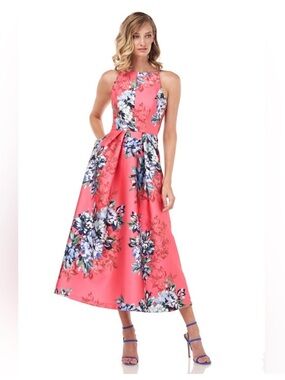 Kay Unger New York Madeline Floral Mikado Halter Dress Floral Pink Women Sz 14